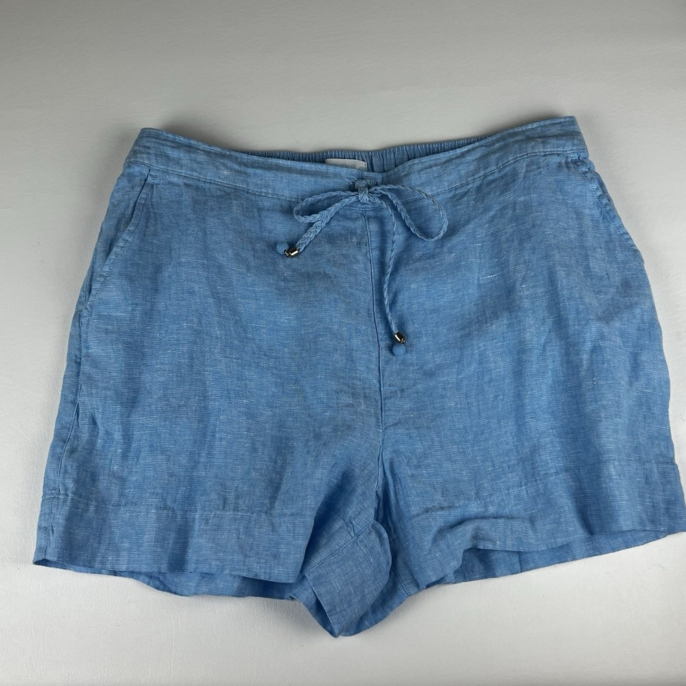 Cynthia Rowley Blue 100% Linen Drawstring Shorts Women Size L Pockets RN 75343